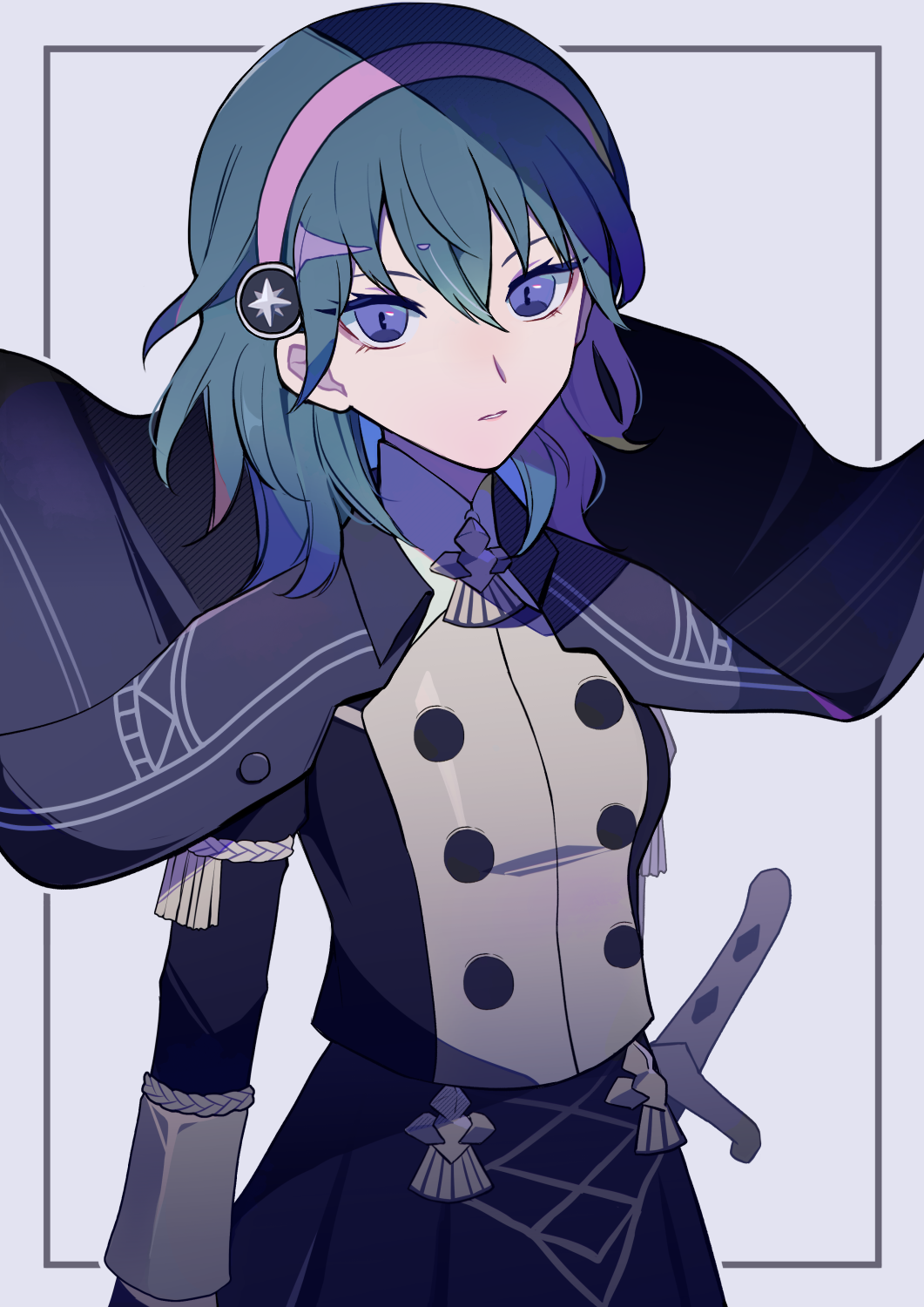 1girl, blue_eyes, cape, expressionless, eyelashes, female_byleth_(academy)_(fire_emblem), female_byleth_(fire_emblem), fire_emblem