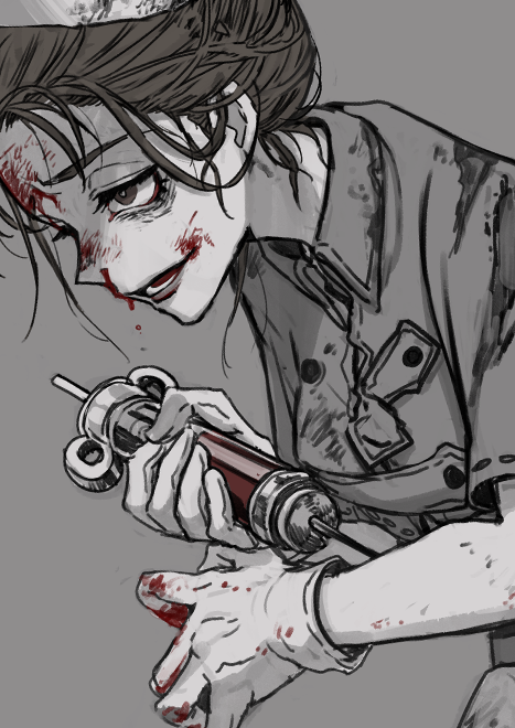 1girl, blood, blood_on_face, downturned_eyes, emily_dyer, gloves, holding, holding_syringe