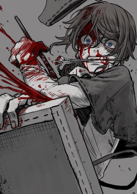 1boy, angry, biting, blood, blood_from_forehead, blood_from_mouth, blood_on_clothes, blood_on_face