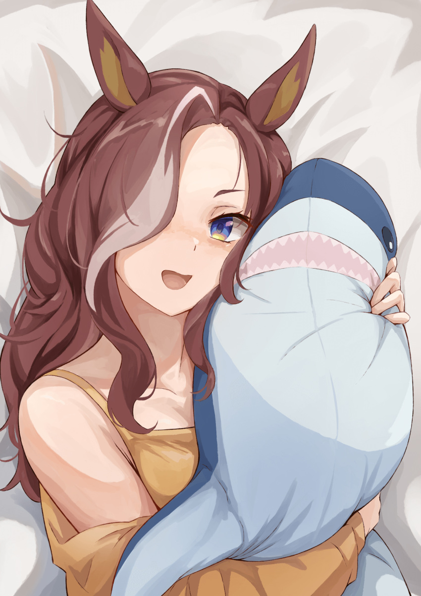 1girl, alternate_costume, animal_ears, blahaj, blue_eyes, brown_hair, commentary_request, daring_heart_(umamusume), gradient_hair, hair_ornament, hair_over_one_eye, highres, holding, holding_stuffed_toy, horse_ears, horse_girl, long_hair, looking_at_viewer, multicolored_hair, solo, stuffed_animal, stuffed_shark, stuffed_toy, umamusume, upper_body, white_hair, yukota00