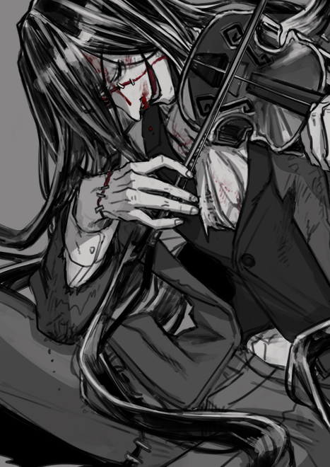 1boy, antonio_(identity_v), ascot, black_hair, blood, blood_on_face, bow_(music), grin