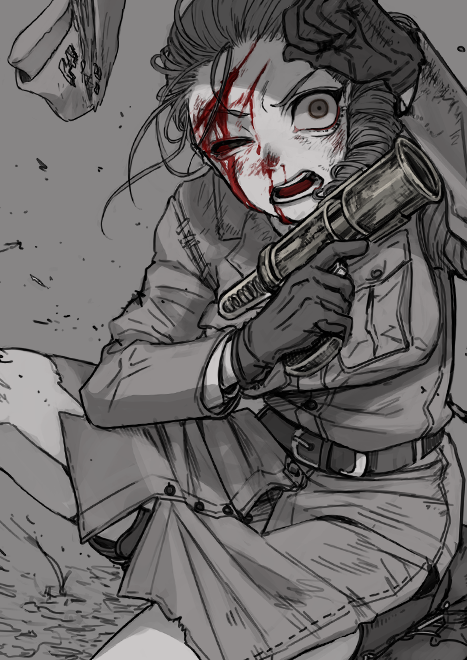 1girl, belt, black_belt, black_gloves, blood, colored_sclera, drill_hair, drill_ponytail