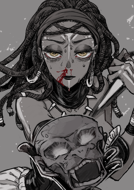 1girl, black_collar, black_lips, blood, blood_on_face, collar, dark_skin, dreadlocks