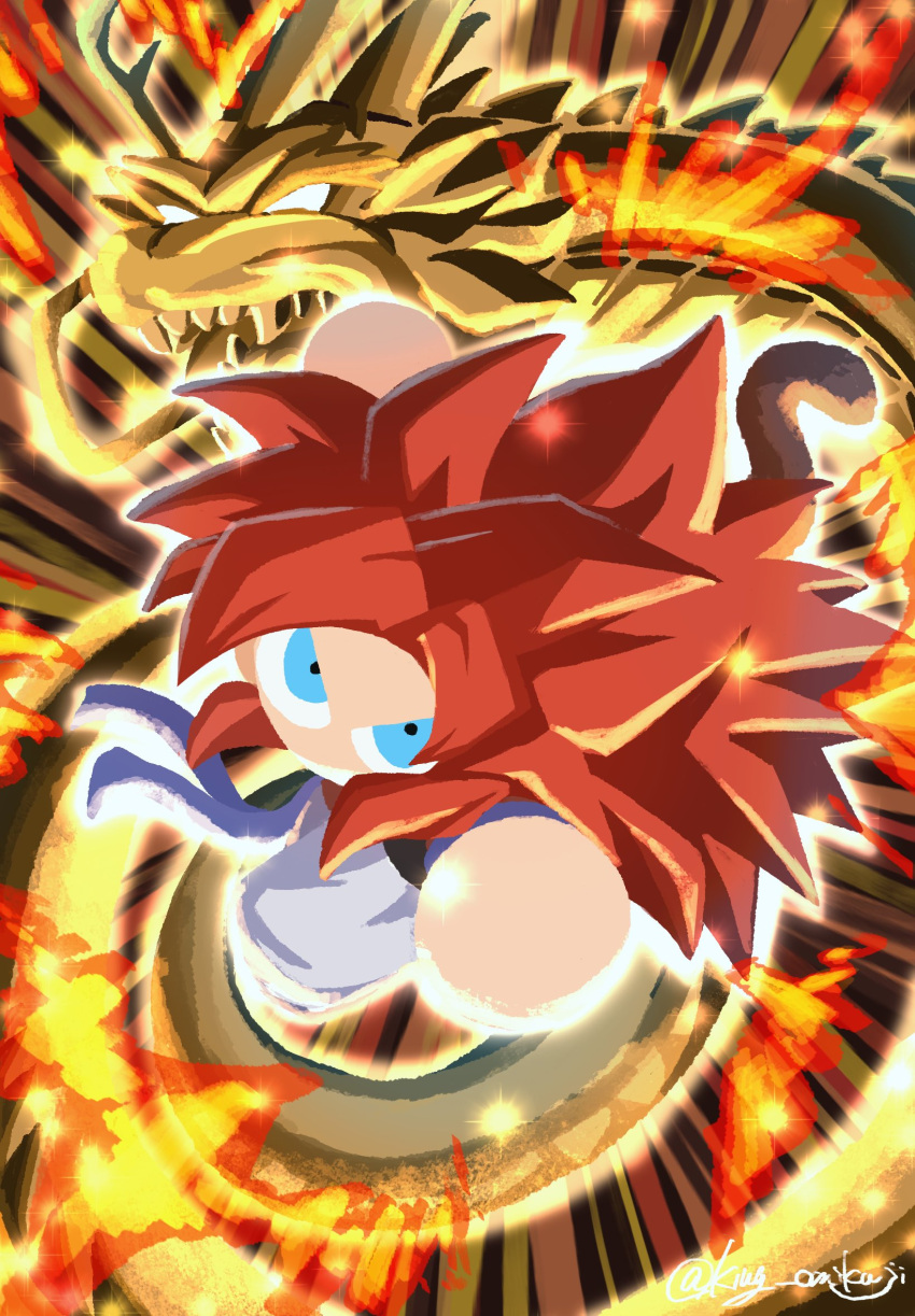 1boy, black_vest, blue_eyes, chibi, dragon, dragon_ball, dragon_ball_gt, dragon_ball_z_dokkan_battle