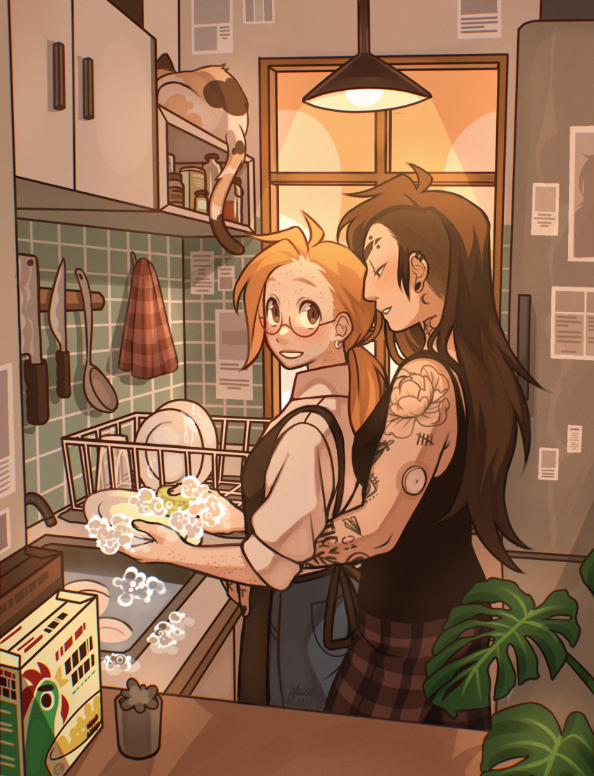 2girls, apron, arm_tattoo, arms_around_waist, asymmetrical_hair, black_apron, black_tank_top, blue_pants