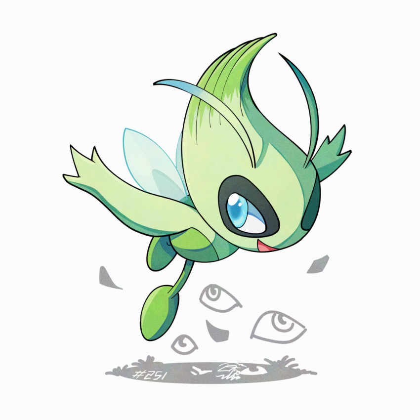 antennae, blue_eyes, celebi, colored_skin, green_skin, mistray-art, no_humans, numbered, open_mouth, pokemon, pokemon_(creature), simple_background, solo, white_background