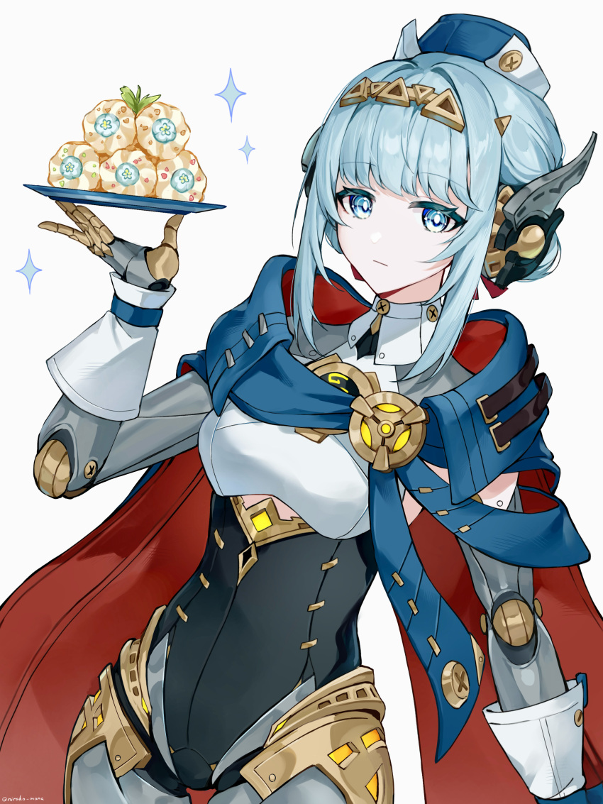 1girl, absurdres, android, aqua_eyes, aqua_hair, blue_cape, cape, closed_mouth