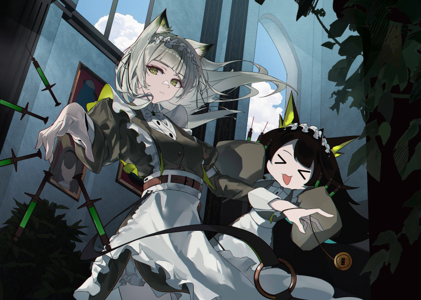 >_<, 2girls, :d, absurdres, animal_ears, apron, arknights, black_dress