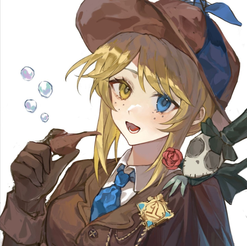 1girl, :d, blonde_hair, blue_eyes, blue_necktie, brown_capelet, brown_gloves, brown_jacket