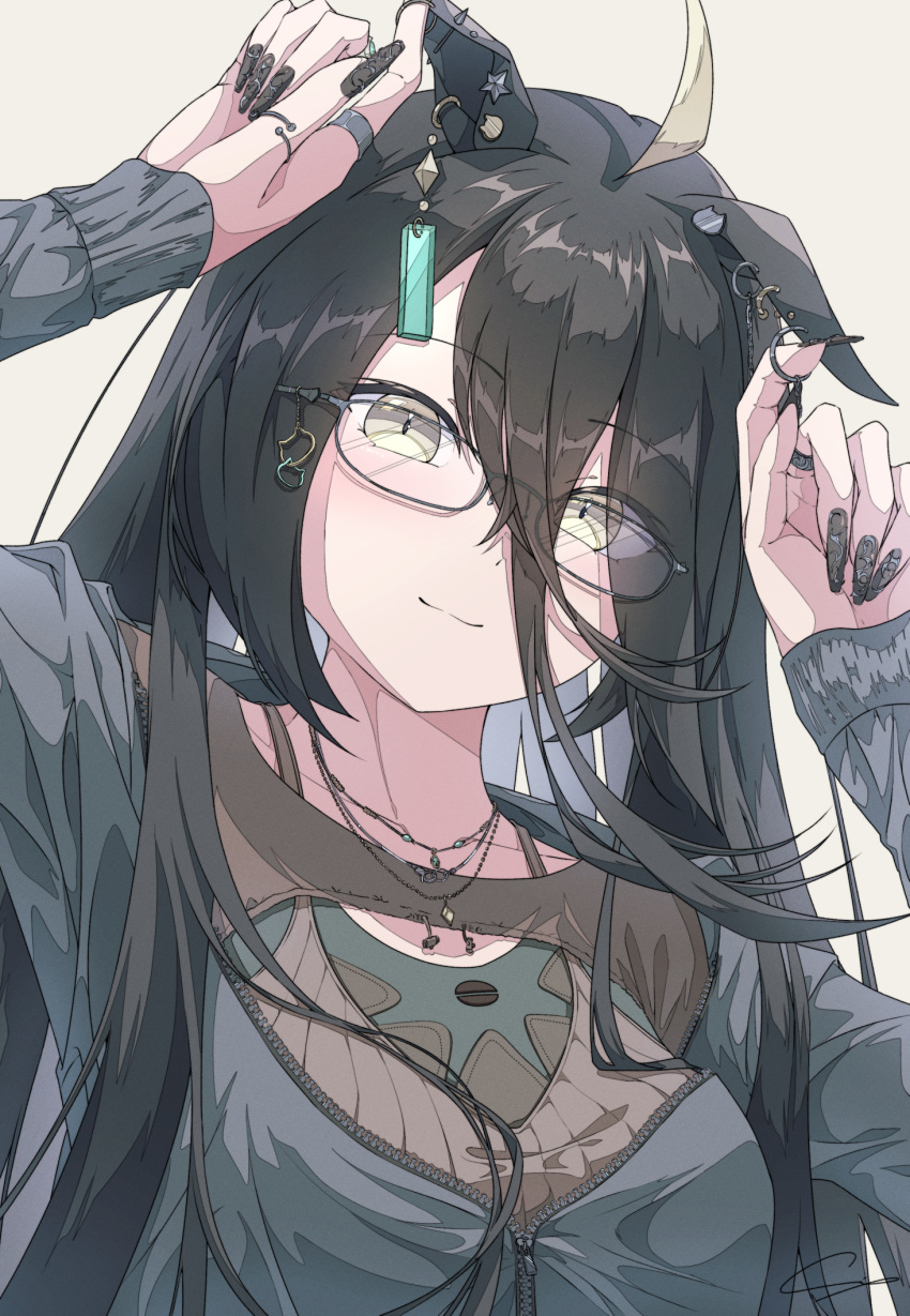 1girl, ahoge, alternate_costume, animal_ears, bespectacled, black-framed_eyewear, black_hair, black_nails