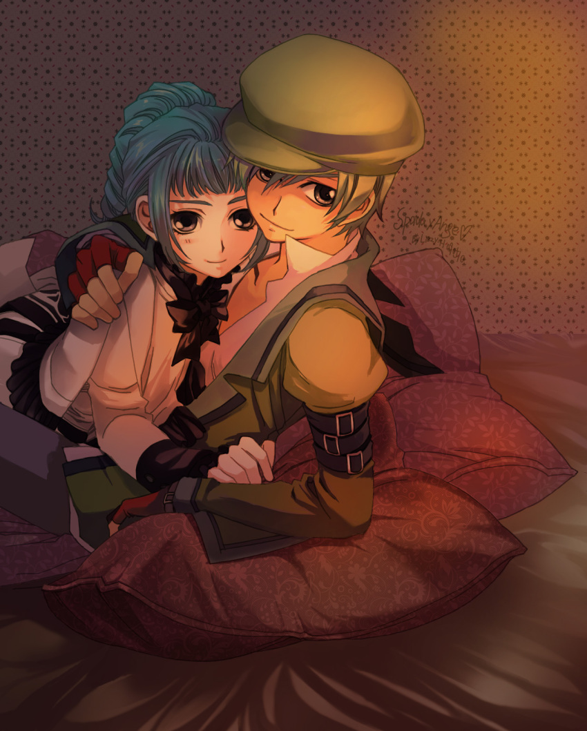 1girl, ange_serena, blue_hair, bow, brown_background, buckle, coat, couple
