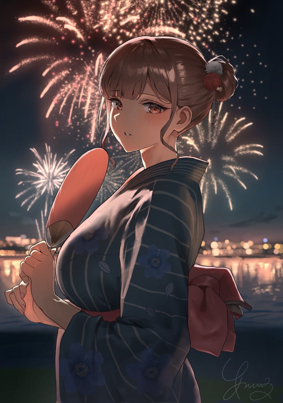 1girl, anteiru, breasts, brown_eyes, brown_hair, day, fireworks, from_side