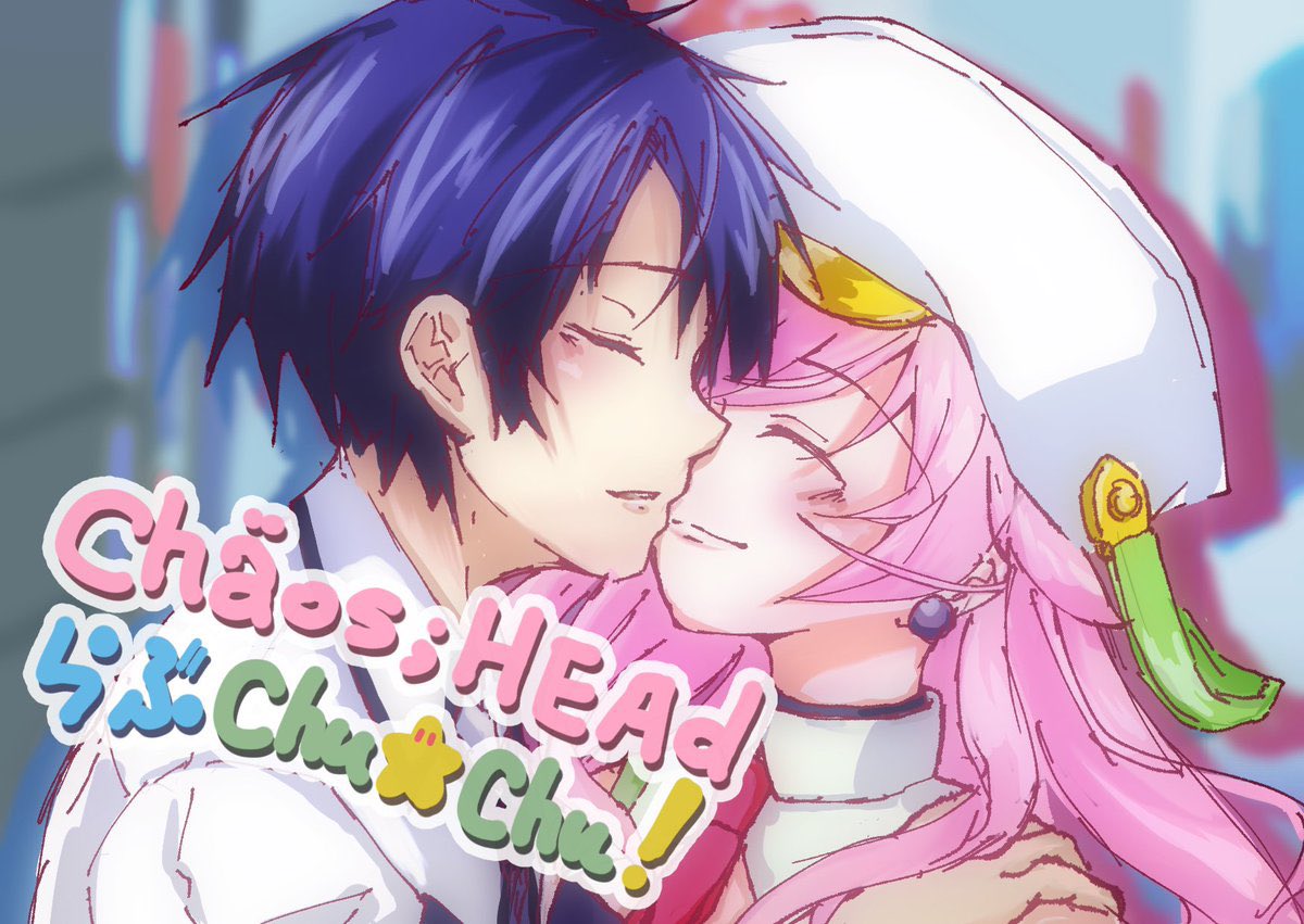 1boy, 1girl, ^_^, beret, blood_tune, blue_hair, blush, chaos;head