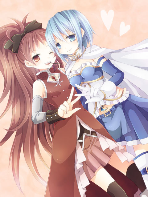2girls, blue_eyes, blue_hair, gloves, long_hair, mahou_shoujo_madoka_magica, miki_sayaka, multiple_girls, pocky, ponytail, red_eyes, red_hair, redhead, sakura_kyouko, short_hair, tentorisan_juusan, thigh-highs, thighhighs, v, wink
