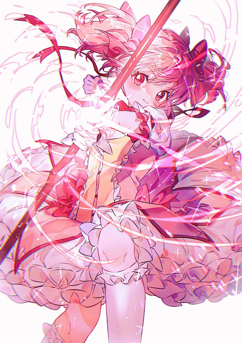 1girl, absurdres, bubble_skirt, highres, hn_sit, holy_quintet, kaname_madoka, magical_girl, mahou_shoujo_madoka_magica, mitakihara_school_uniform, pink_eyes, pink_hair, school_uniform, short_twintails, skirt, skirt_under_dress, solo, twintails
