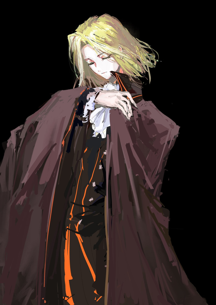 1boy, black_background, black_shirt, blonde_hair, cape, closed_eyes, collar, fingernails