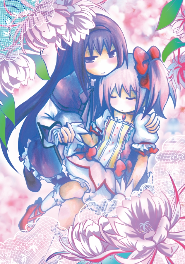 akemi_homura, black_hair, closed_eyes, eyes_closed, flower, gloves, hand_holding, holding_hands