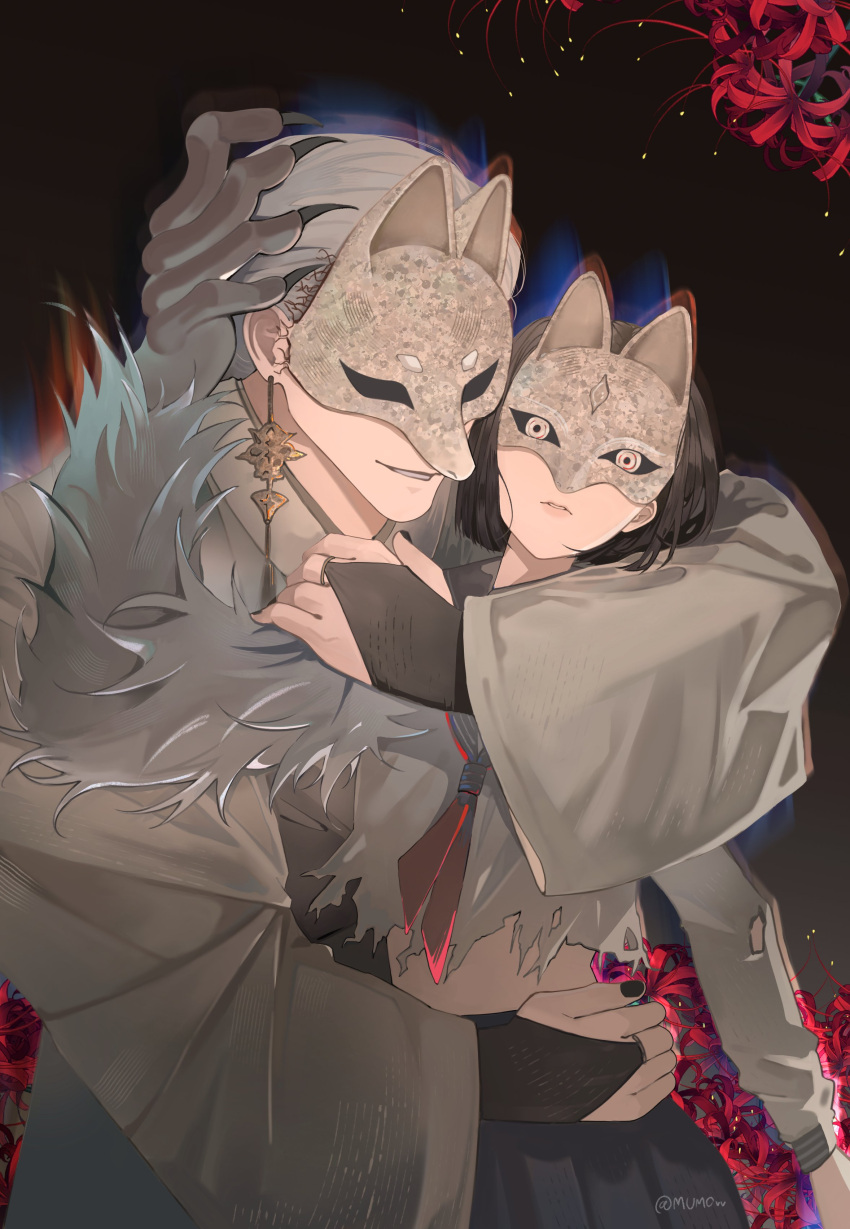 1boy, 1girl, absurdres, black_serafuku, earrings, flower, fox_mask, fox_mask_(silent_hill)