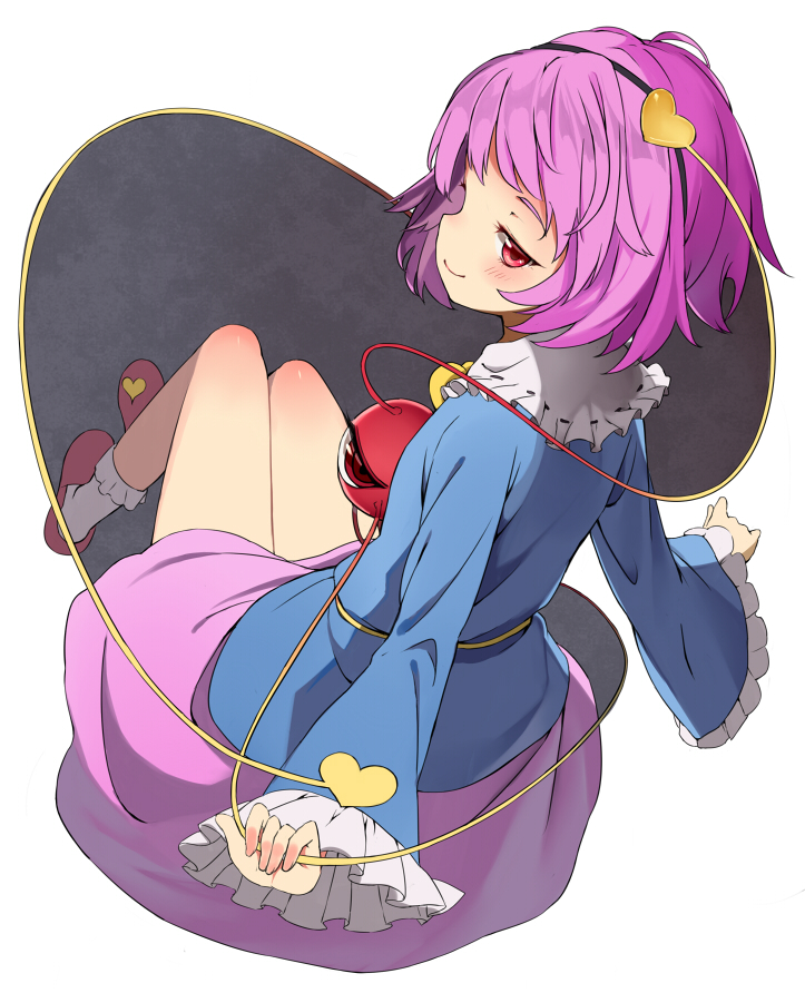 blush, bobby_socks, eyeball, footwear, frills, gomibox2021, komeiji_satori, looking_back, purple_hair, red_eyes, short_hair, simple_background, skirt, slippers, smile, socks, solo, thighs, third_eye, touhou