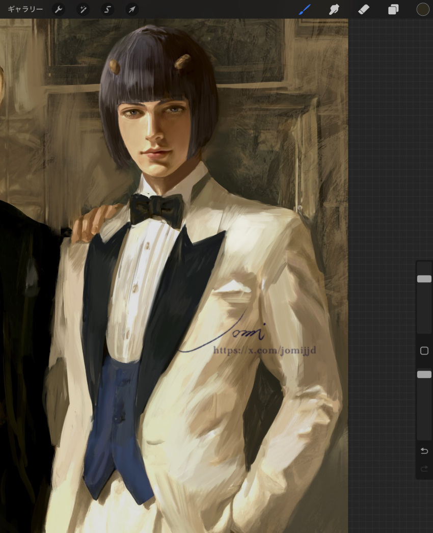 art_program_in_frame, artist_name, black_hair, bob_cut, bruno_bucciarati, bug, highres, jojo_no_kimyou_na_bouken