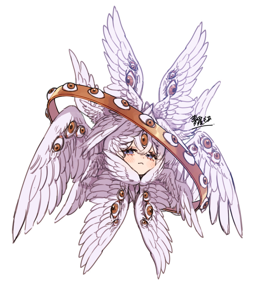 1other, :<, absurdres, angel, biblically_accurate_angel, blue_eyes, blush, commentary