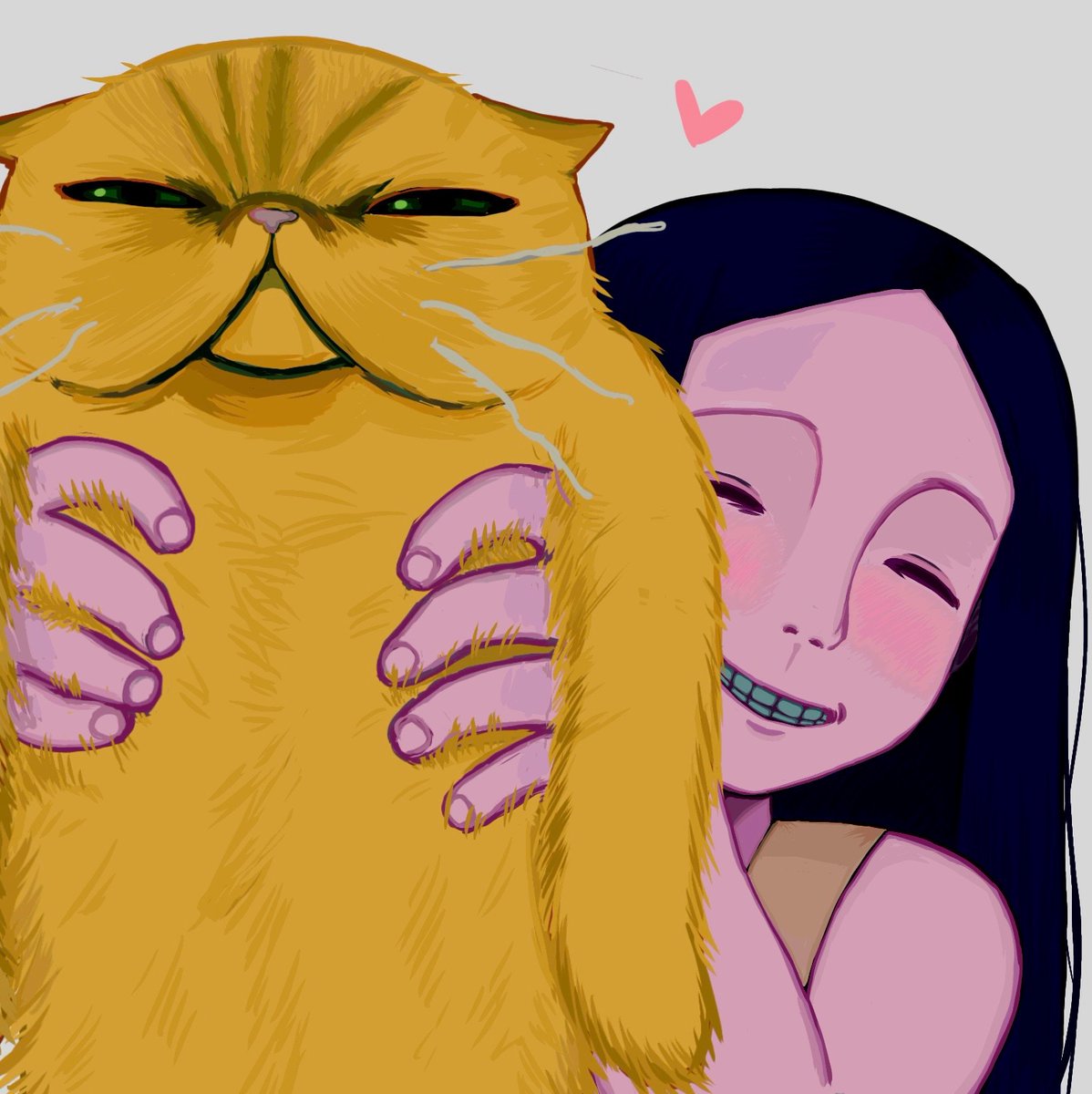 1girl, animal, black_hair, cat, cat_(no_i'm_not_a_human), child, closed_eyes, colored_skin