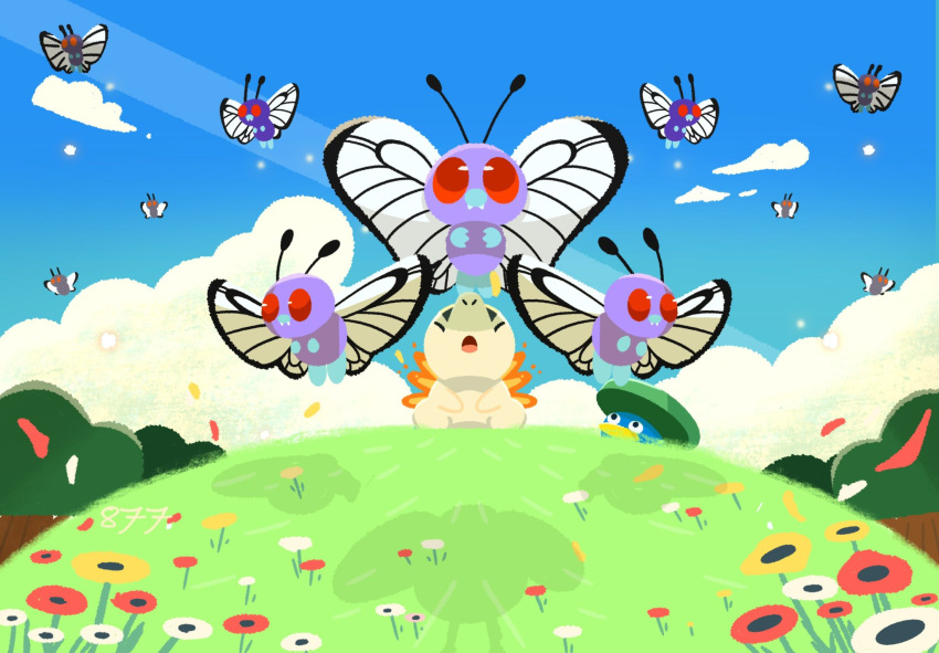 antennae, beak, blue_sky, bug, butterfly, butterfree, closed_eyes, closed_mouth