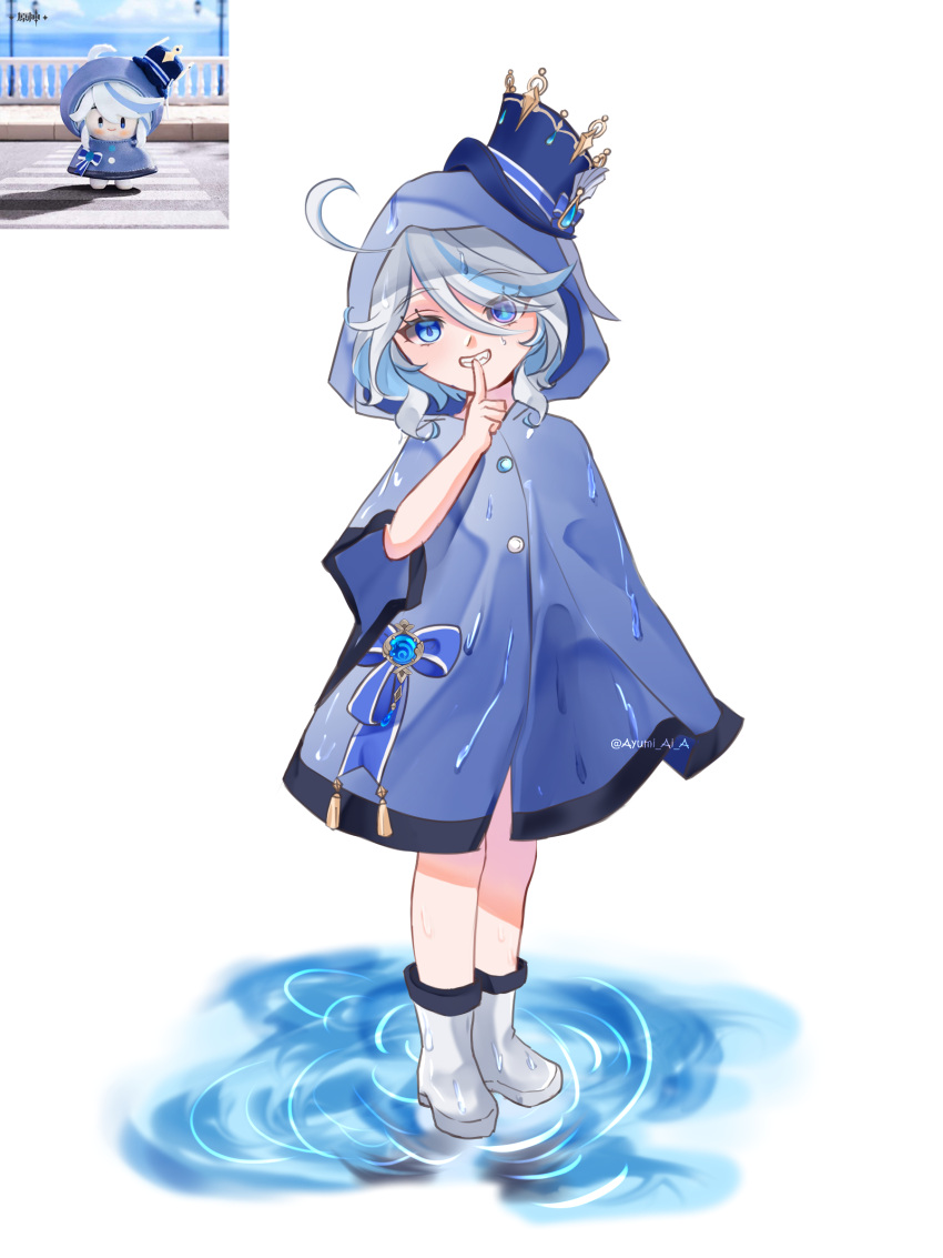 1girl, absurdres, aged_down, ahoge, ayumi_ai_a, bare_legs, blue_bow, blue_eyes, blue_hair, blue_hat, blue_raincoat, boots, bow, child, drop-shaped_pupils, finger_to_mouth, full_body, furina_(genshin_impact), genshin_impact, grin, hair_between_eyes, hat, heterochromia, highres, hood, hood_up, hydro_symbol_(genshin_impact), looking_at_viewer, multicolored_hair, photo_inset, raincoat, reference_inset, short_hair, shushing, simple_background, smile, standing, streaked_hair, symbol-shaped_pupils, top_hat, twitter_username, vision_(genshin_impact), water, wet, wet_clothes, white_background, white_boots, white_hair