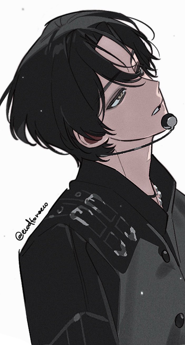 1boy, black_hair, black_jacket, black_skirt, buttons, evodtonaeco, headset, highres, jacket, jewelry, looking_up, male_focus, mole, necklace, original, parted_bangs, parted_lips, shirt, short_hair, simple_background, skirt, solo, twitter_username, upper_body