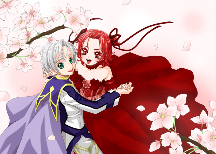 1girl, :d, alternate_costume, alternate_hairstyle, bare_shoulders, bow, cape, cherry_blossoms