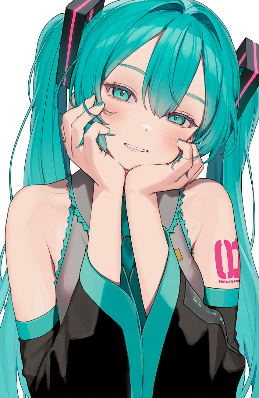 1girl, absurdres, aqua_eyes, aqua_hair, aqua_nails, aqua_necktie, aqua_trim, arm_tattoo, bare_shoulders, blush, collared_shirt, detached_sleeves, grey_shirt, hamunezuko_(nezukonezu32), hands_on_own_cheeks, hands_on_own_face, hatsune_miku, head_tilt, highres, long_hair, looking_at_viewer, nail_polish, necktie, number_tattoo, parted_lips, revision, shirt, simple_background, sleeveless, sleeveless_shirt, solo, tattoo, twintails, upper_body, vocaloid, white_background, wide_sleeves