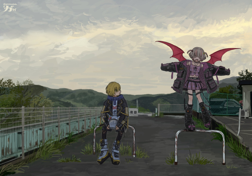 1boy, 1girl, black_jacket, blonde_hair, brown_hair, clouds, cloudy_sky, demon_girl