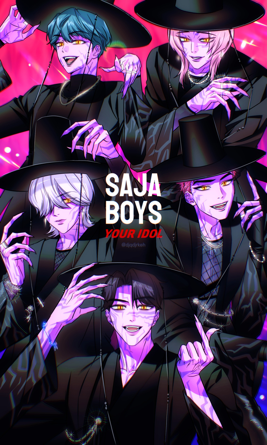 5boys, abby_(kpop_demon_hunters), absurdres, aqua_hair, baby_(kpop_demon_hunters), black_hair, black_hat, body_markings