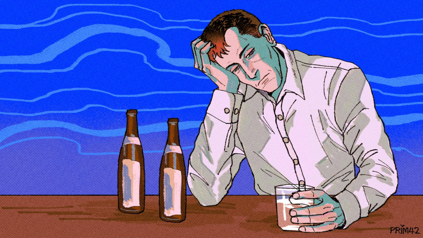 1boy, alcohol, blue_background, bottle, brown_hair, collared_shirt, cup, glass