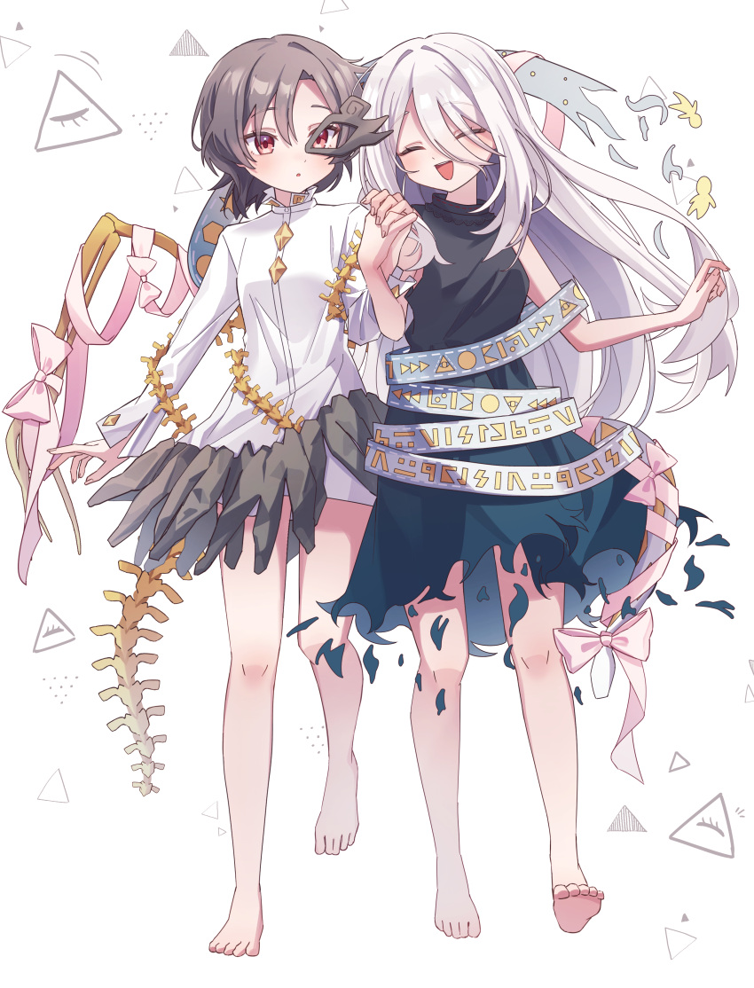 2girls, ^_^, absurdres, bare_shoulders, barefoot, black_dress, black_hair, black_skirt, bow, closed_eyes, closed_mouth, commentary, couple, dot_mouth, dress, feet, fossilized_wonders, highres, holding_hands, iwanaga_ariya, long_hair, looking_at_another, mask, multiple_girls, red_eyes, ribbon, shirt, short_hair, skeletal_wings, skirt, sleeveless, sleeveless_dress, smile, soles, toes, torn_clothes, torn_dress, touhou, walking, white_hair, white_shirt, wings, ww333v, yuiman_asama, yuri