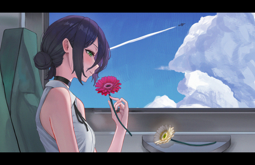 1girl, aircraft, airplane, bare_arms, bare_shoulders, black_choker, black_hair, blue_sky