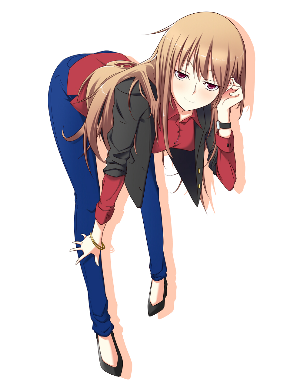blush, bracelet, breasts, brown_hair, female, hair_flip, high_heels, highres