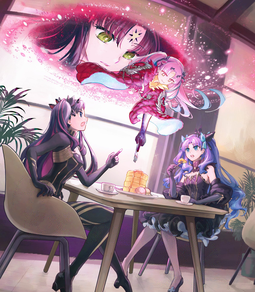 4girls, anki-ereshkigal_(fate), bel_maana_(fate), black_bodysuit, black_hair, black_horns, blue_eyes, blue_hair, bodysuit, breasts, chair, cleavage_cutout, cloak, closed_mouth, clothing_cutout, coffee_mug, cup, dress, elbow_gloves, ereshkigal_(fate), fate/grand_order, fate_(series), floating_hair, food, fork, frilled_dress, frills, gloves, green_eyes, grey_eyes, hair_ribbon, highres, holding, holding_fork, horns, indoors, ishtar_(fate), lack_skirt, long_hair, mug, multicolored_hair, multiple_girls, on_chair, open_mouth, pancake, pancake_stack, pink_hair, planted, pointing, purple_hair, red_cloak, red_hair, ribbon, serpant_nergar, sitting, skirt, smile, space_ishtar_(fate), space_ishtar_(first_ascension)_(fate), space_ishtar_(third_ascension)_(fate), table, two-tone_hair, two_side_up, yellow_eyes