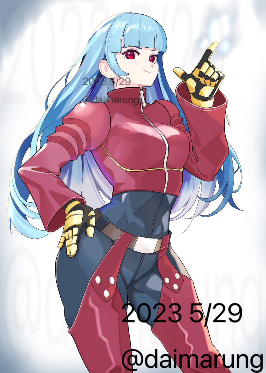 1girl, belt, belt_buckle, black_bodysuit, blue_hair, blunt_bangs, bodysuit, breasts