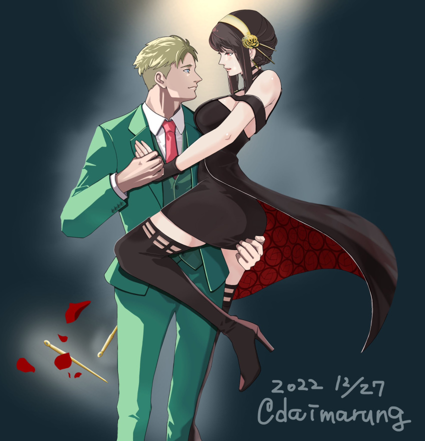 1boy, 1girl, bare_shoulders, black_boots, black_dress, black_hair, blonde_hair, blue_eyes
