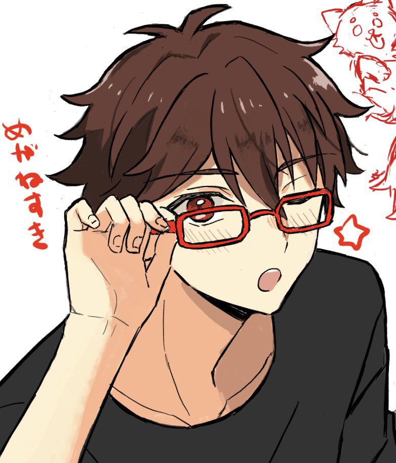 1boy, adjusting_eyewear, animal, black_shirt, blush, brown_hair, commentary_request, ensemble_stars!