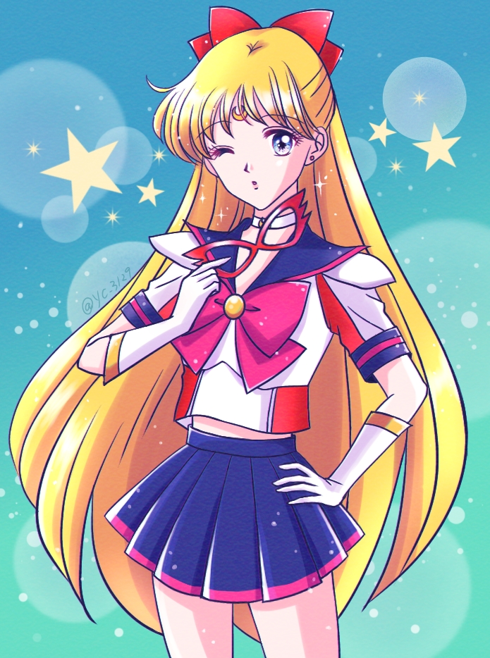 1girl, aino_minako, blonde_hair, blue_eyes, blue_sailor_collar, blue_skirt, bow, choker