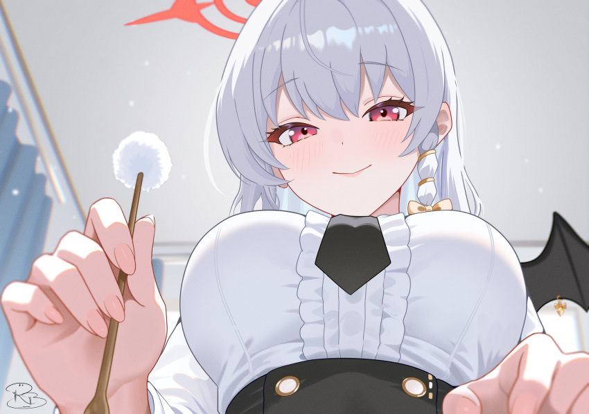 1girl, absurdres, black_necktie, black_wings, blue_archive, blush, bow, braid, braided_sidelock, breasts, closed_mouth, commentary_request, demon_wings, dress_shirt, ear_cleaning, fake_wings, fingernails, from_below, hair_bow, halo, haruna_(blue_archive), highres, holding, indoors, lap_pov, large_breasts, looking_at_viewer, mimikaki, necktie, piercing, red_eyes, red_halo, royalbunny003, shirt, signature, single_wing, smile, solo, white_hair, white_shirt, wing_piercing, wings, yellow_bow
