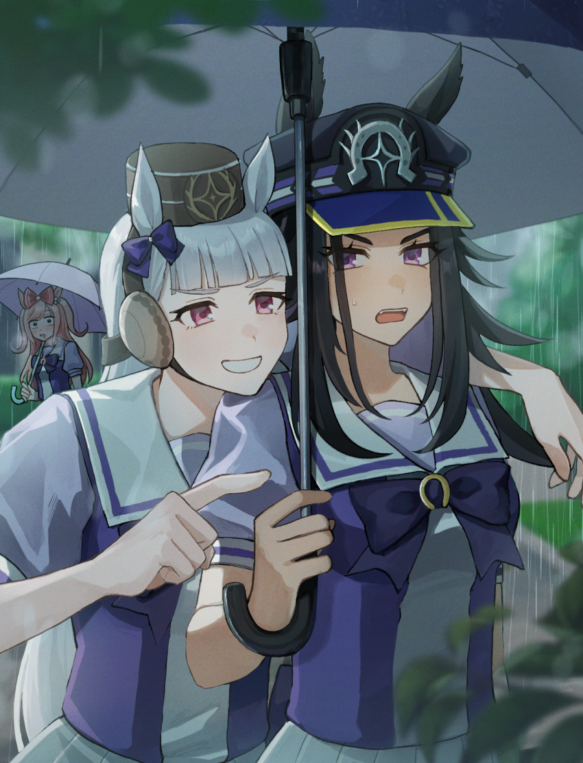 3girls, agnes_digital_(umamusume), animal_ears, arm_around_shoulder, black_hair, blunt_bangs, blurry, blurry_foreground