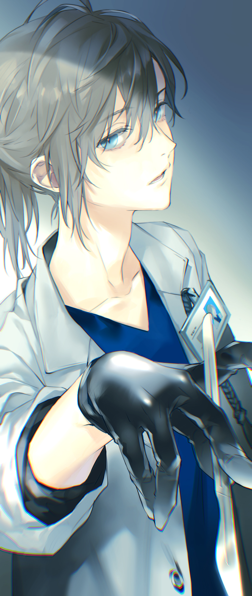 1boy, ahoge, akke_(akke299), bishounen, black_gloves, blue_eyes, blue_shirt, brown_hair