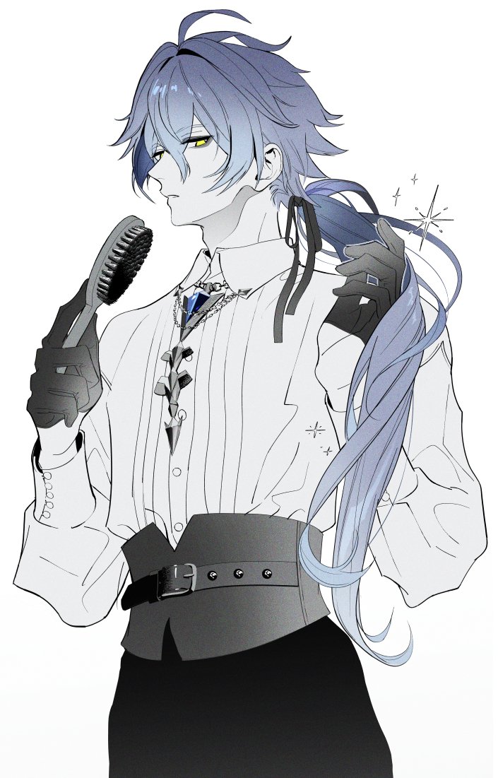 1boy, adam's_apple, antenna_hair, bags_under_eyes, belt, belt_buckle, black_gloves, blue_gemstone