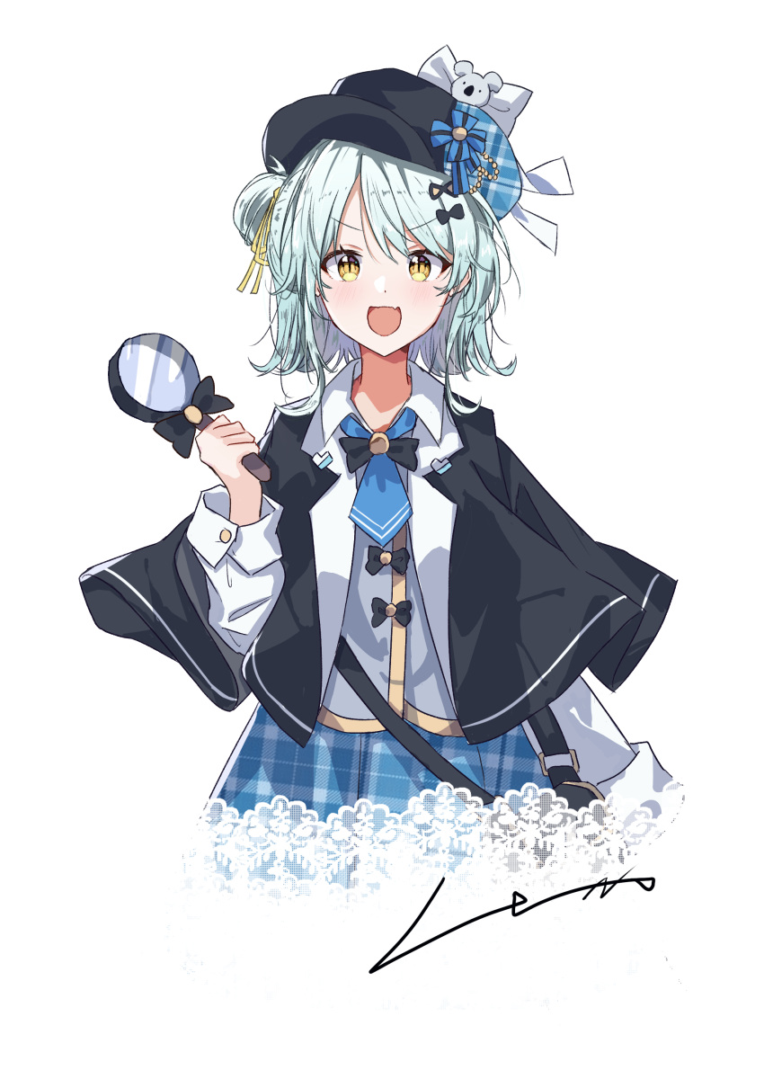 1girl, :d, absurdres, black_capelet, black_hat, blue_hair, blue_skirt, capelet