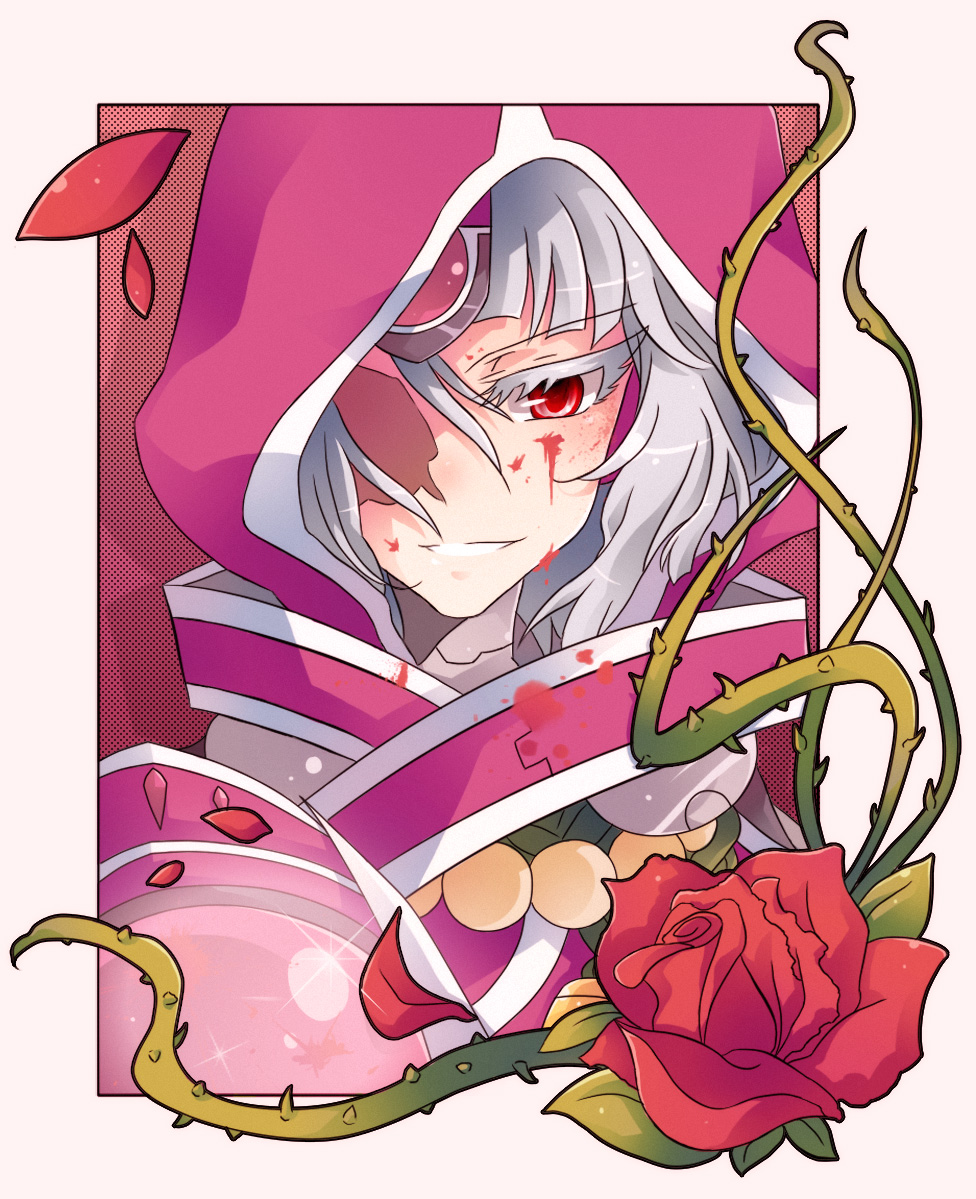colored_eyelashes, ehlly, evil_smile, eyelashes, face, flower, hood, incarose, red_eyes, red_rose, rose, smile, solo, tales_of_(series), tales_of_hearts, vines