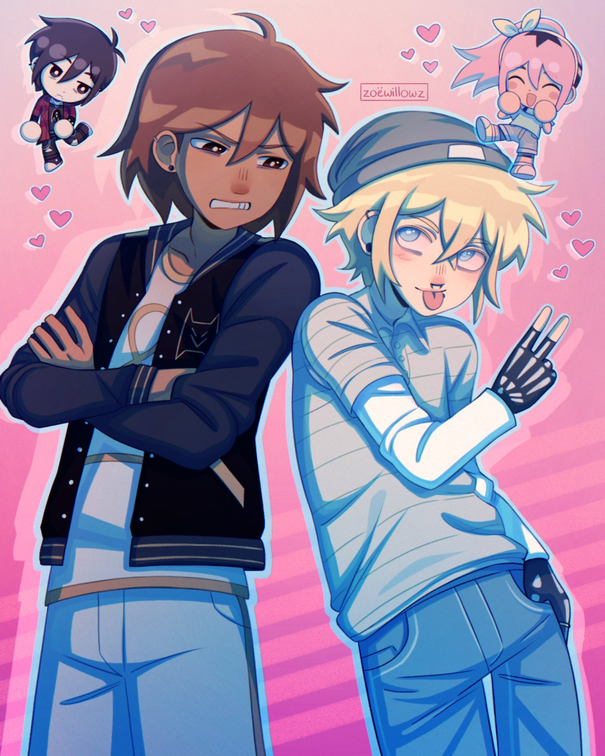 1girl, 3boys, alternate_costume, alternate_hair_color, alternate_hairstyle, alternate_universe, artist_name, bike_shorts