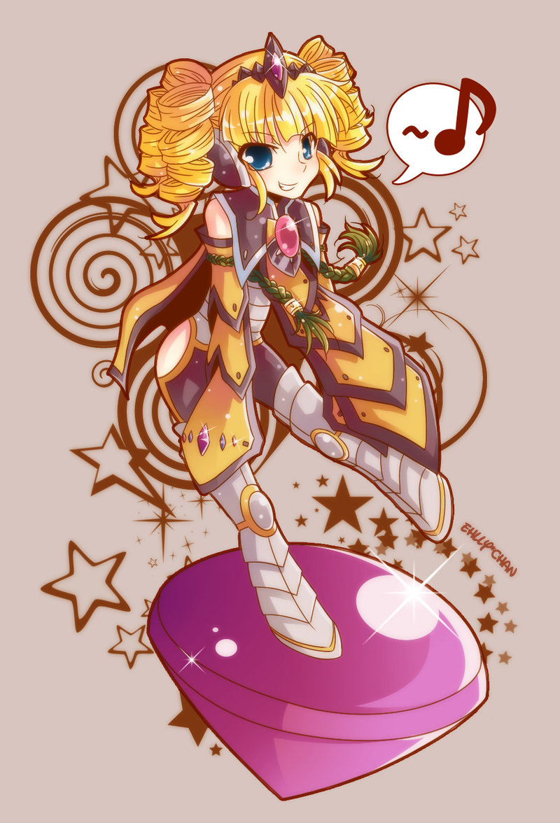blonde_hair, blue_eyes, boots, brooch, cape, corundum, curly_hair, ehlly, greaves, grin, jewelry, musical_note, payot, short_hair, short_twintails, smile, solo, star, tales_of_(series), tales_of_hearts, tiara, twintails